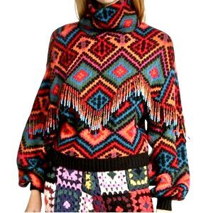 Farm Rio Rauti Sweater Beaded Fringe Boho Sweater Medium New